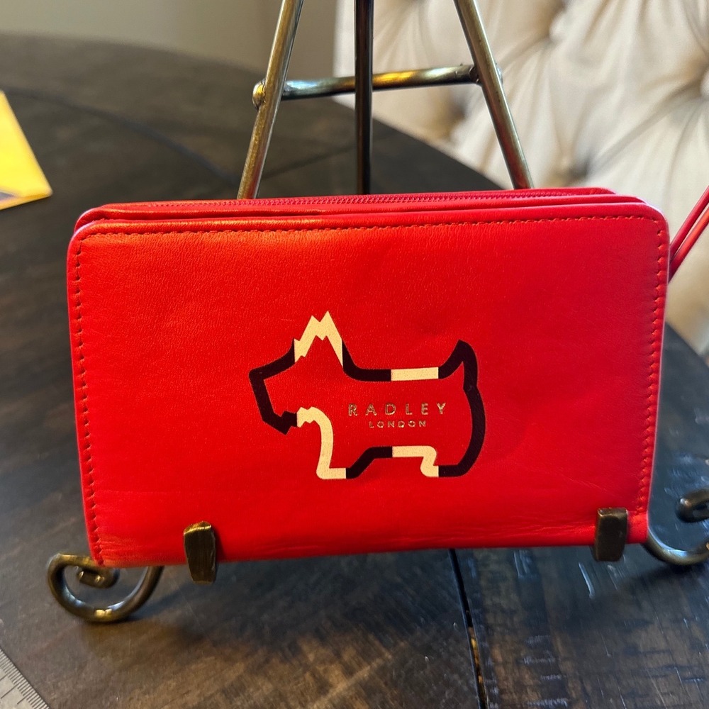 Radley London Red Leather Bifold Wallet Scottie Dog Logo Zip Coin Pocket VGUC